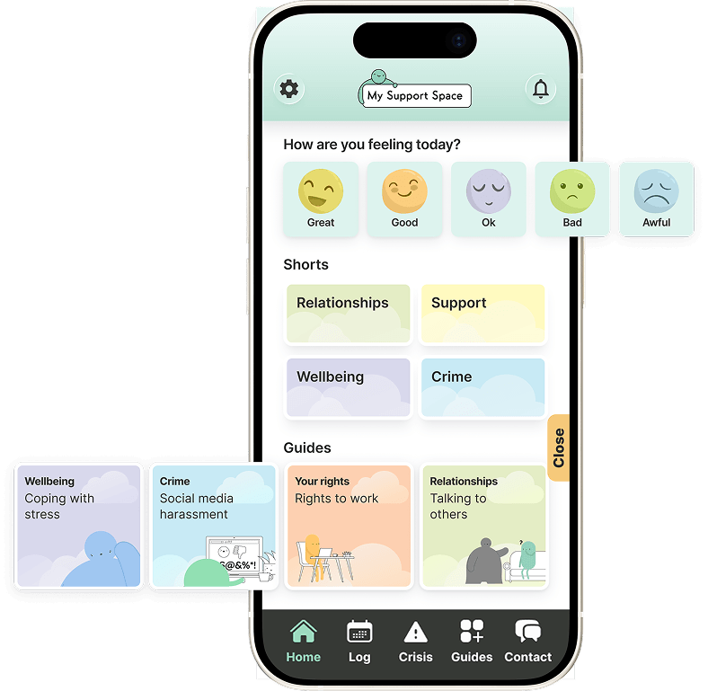 Screenshot of the My Support Space app home screen displayed on a smartphone, showing a mood check-in with emoji options from Great to Awful, topic categories including Relationships, Support, Wellbeing and Crime, and guide previews covering topics such as coping with stress, social media harassment, rights to work, and talking to others.