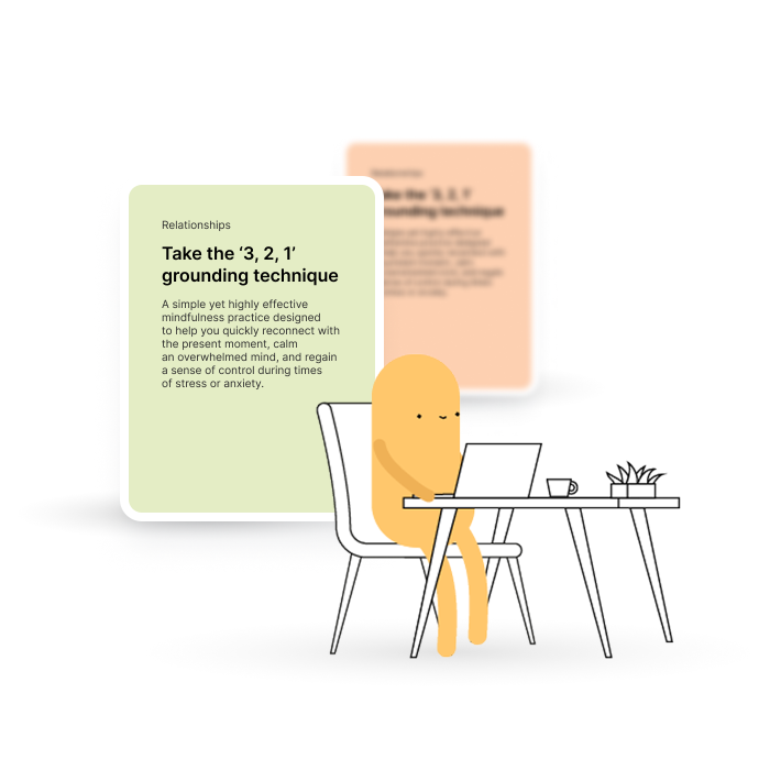 An illustrated character sitting at a desk with a laptop, alongside an app screen displaying a Relationships guide on the '3, 2, 1' grounding technique for managing stress and anxiety.