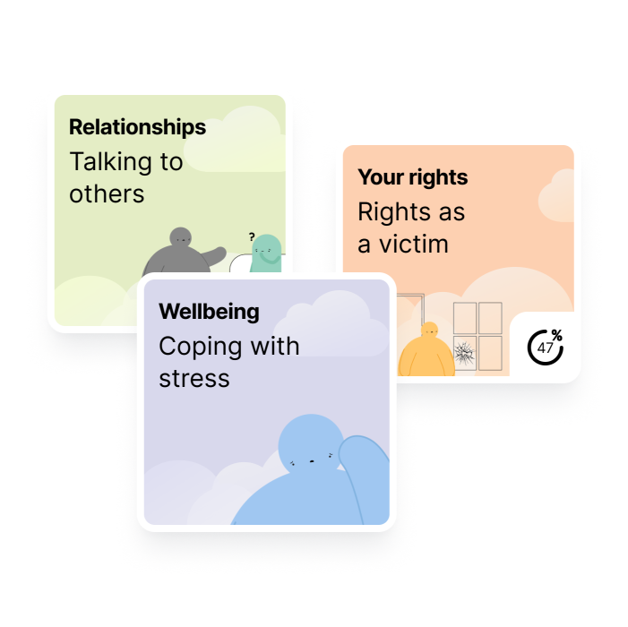 Three overlapping app guide cards covering Relationships: Talking to others, Your rights: Rights as a victim, and Wellbeing: Coping with stress, each illustrated with gentle character artwork